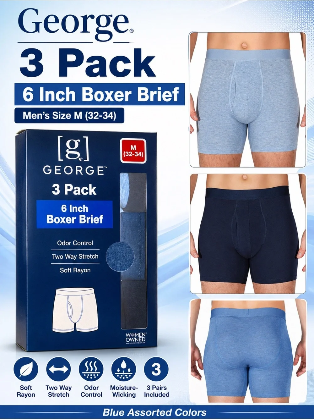 George Men's 3 Pack Soft Touch Rayon 6 Inch Boxer Briefs M 32-34 Assorted Blue